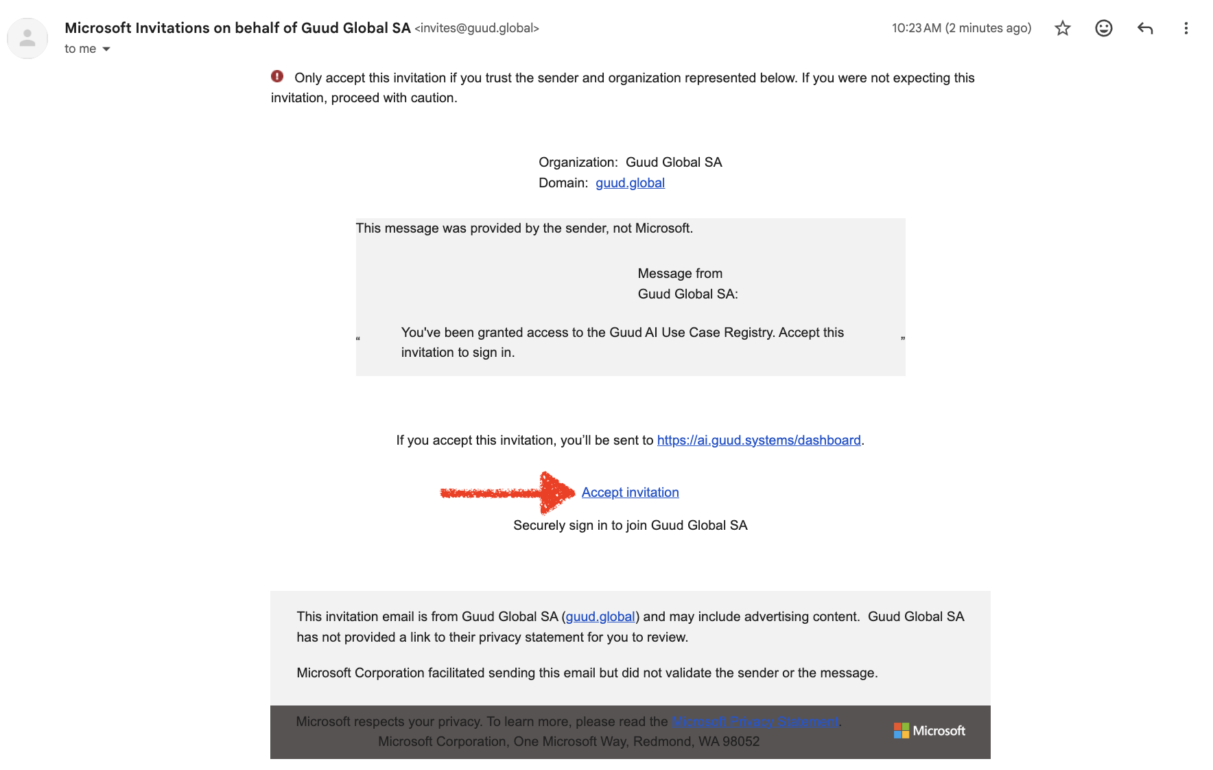 Accept invitation button highlighted in the Microsoft email
