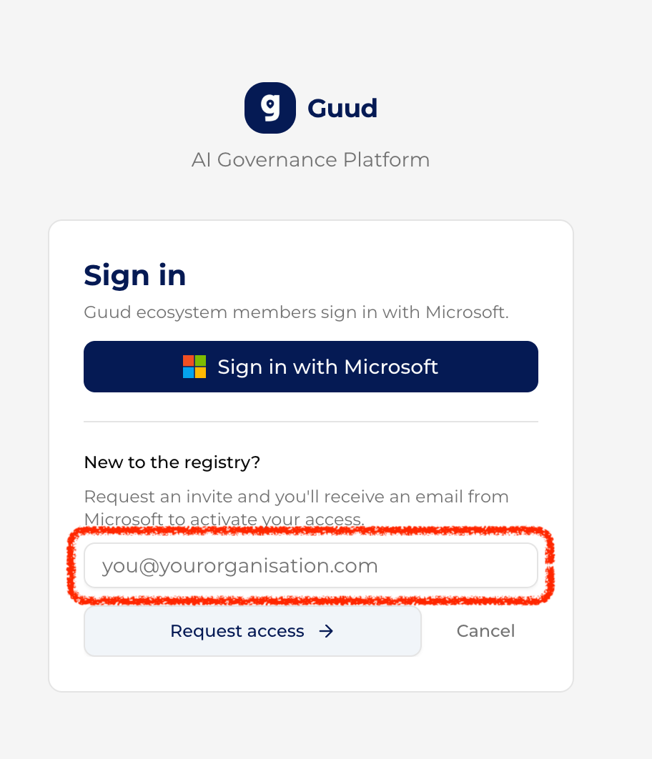 Request access form showing email input and submit button