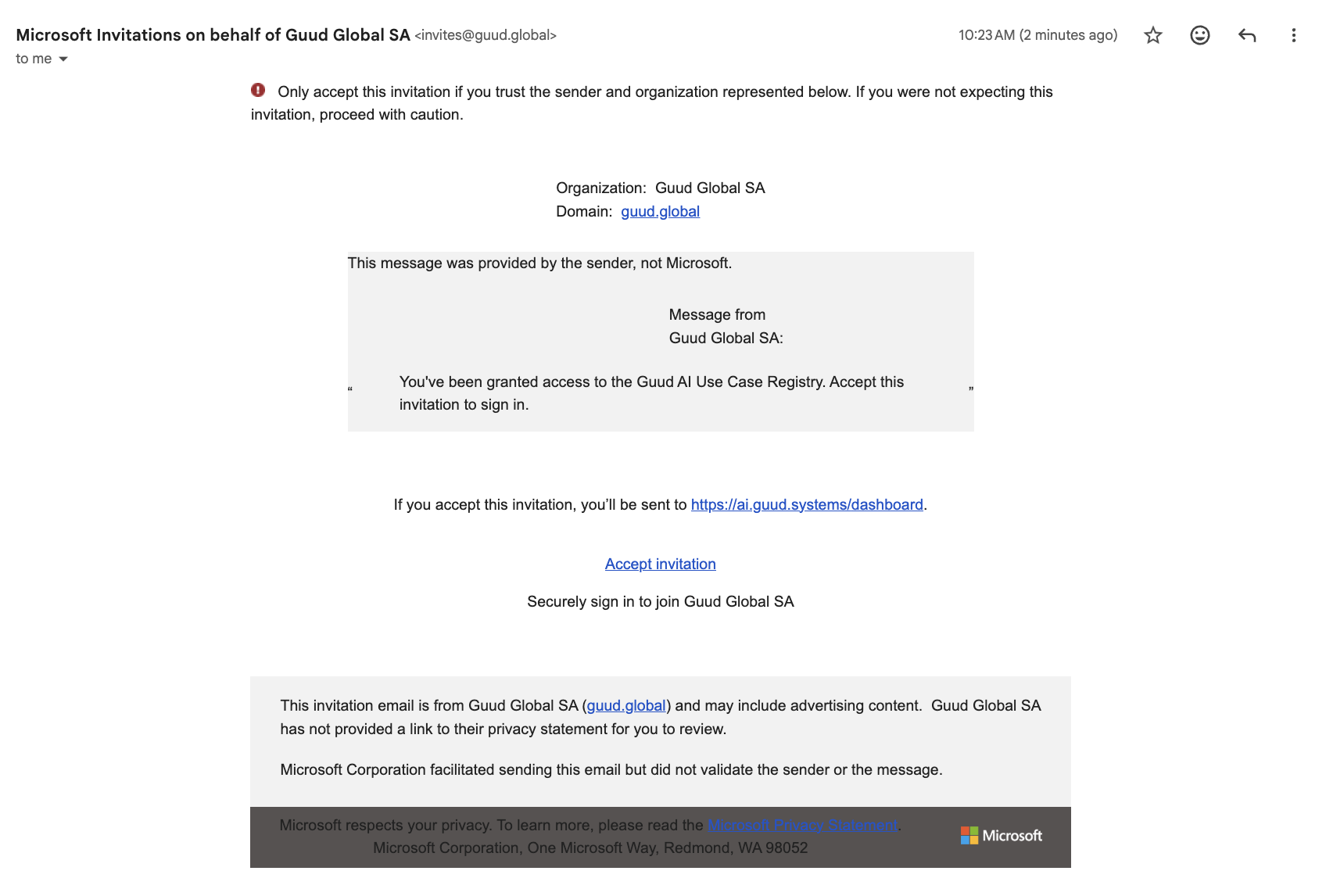 Microsoft invitation email as it appears in Gmail, showing sender and security notice