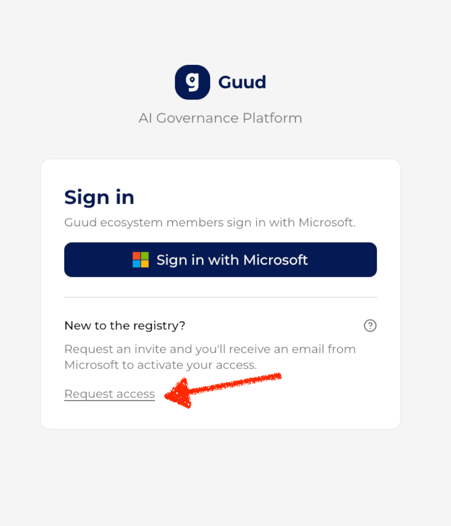 Guud sign-in page — click Request access under 'New to the registry?'